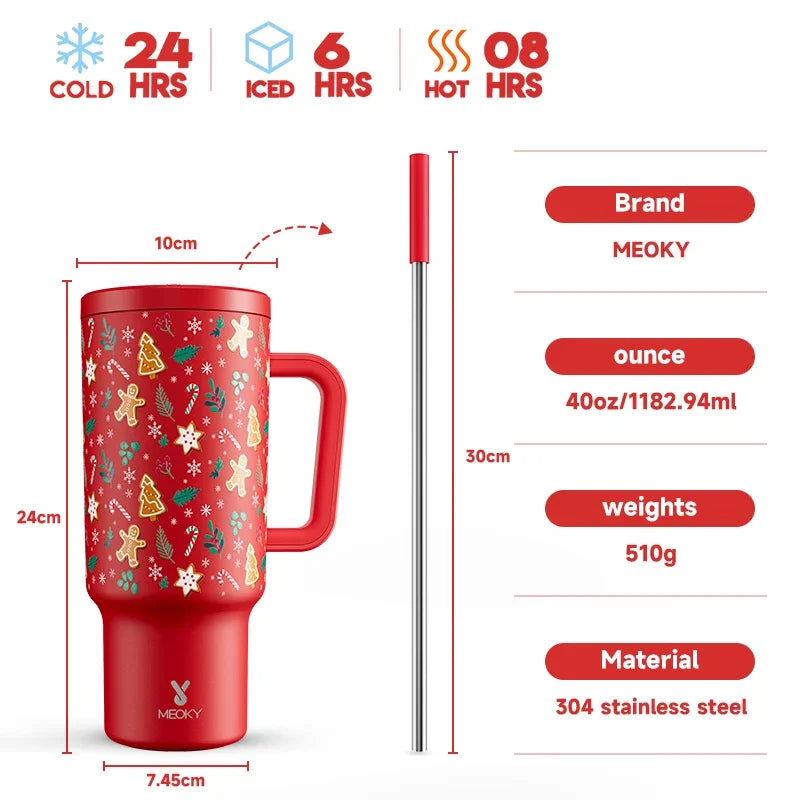 40Oz Tumbler Handle Straw Thermos Cup Multiple Prints Stainless Steel Bottle Vacuum Insulated Car Mug Best Christmas Gifts