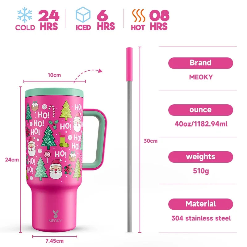 40Oz Tumbler Handle Straw Thermos Cup Multiple Prints Stainless Steel Bottle Vacuum Insulated Car Mug Best Christmas Gifts